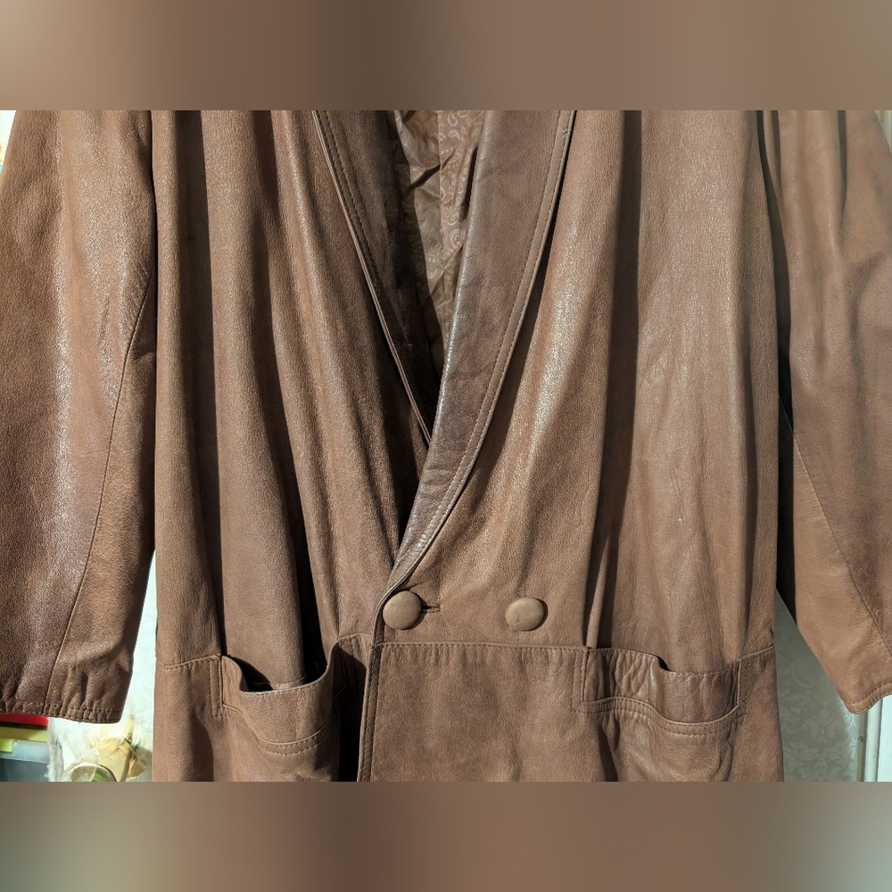 G111 Vintage Brown Leather Trench Coat 80s - Picture 12 of 16